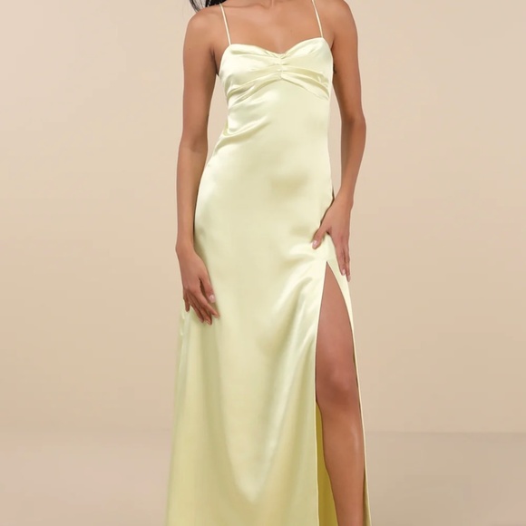 Lulus Stunning Example Light Yellow Satin Backless Maxi Dress - Size M - Picture 2 of 2